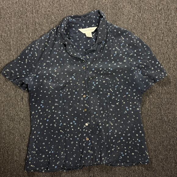 Vintage Tops - Vintage Y2k 100% Silk Mini Floral Navy Button Front Women's Blouse 8 Medium